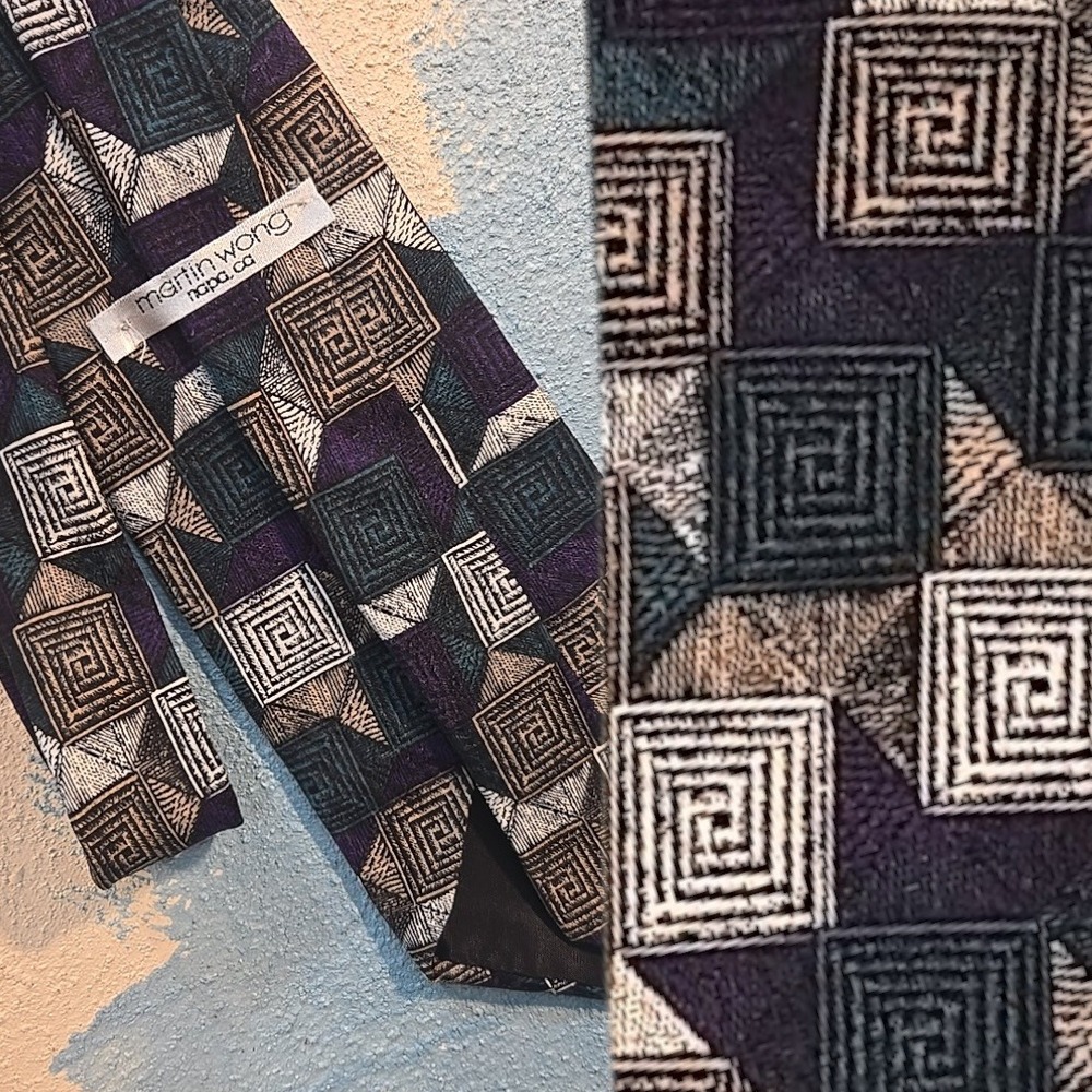 VTG Martin Wong Mens Multicolor Geometric Silk Tie 3.75x56" Napa CA Made In USA‎